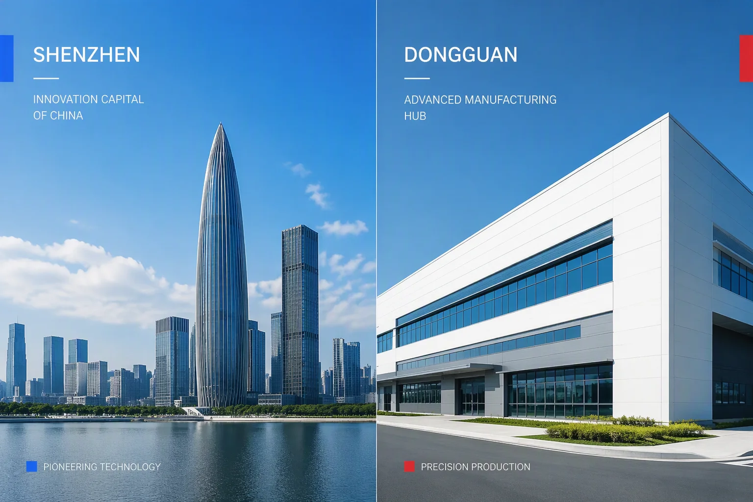 Shenzhen high-tech skyline and the EMS Eyewear Dongguan factory base