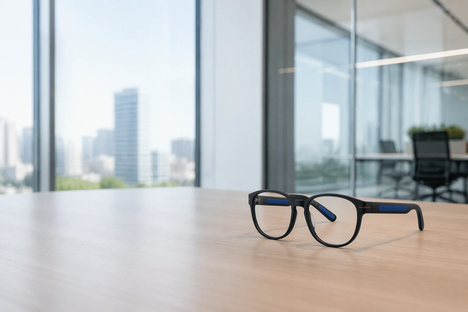 Founding engineering team in a Shenzhen office with smart glasses prototypes on the table