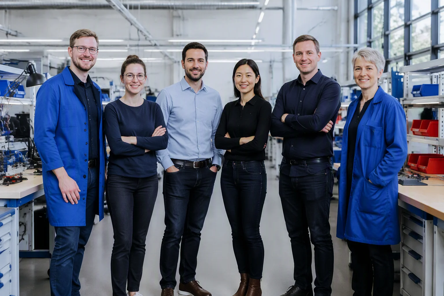 Six engineers from hardware, optics, software, supply chain, QC and manufacturing in the assembly line