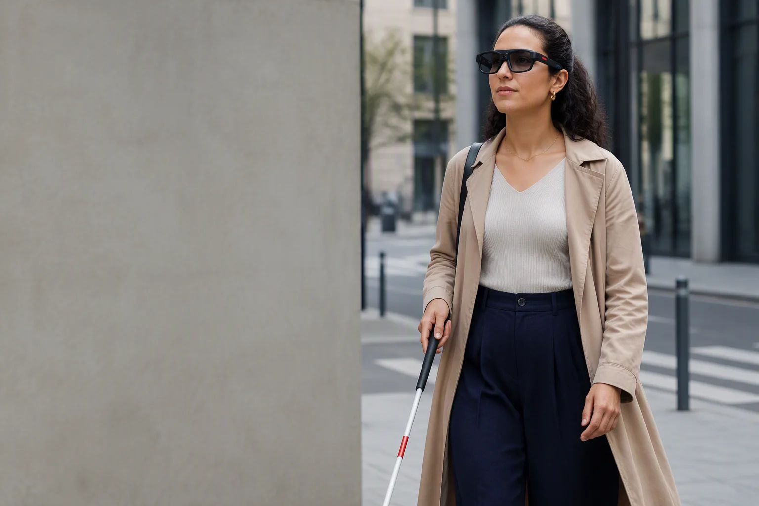 Visually impaired woman navigating a city street with assistive smart glasses providing audio guidance