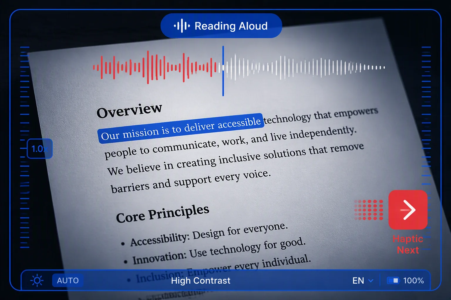 Viewfinder mockup of printed text being read aloud with a voice waveform overlay