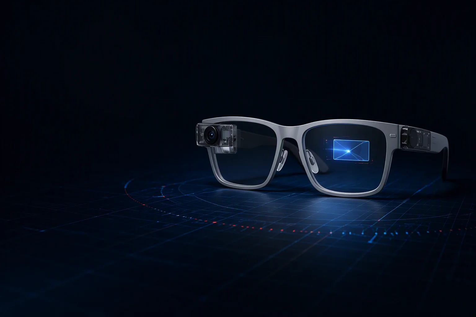 AR display glasses with a glowing waveguide lens catching light on a dark background