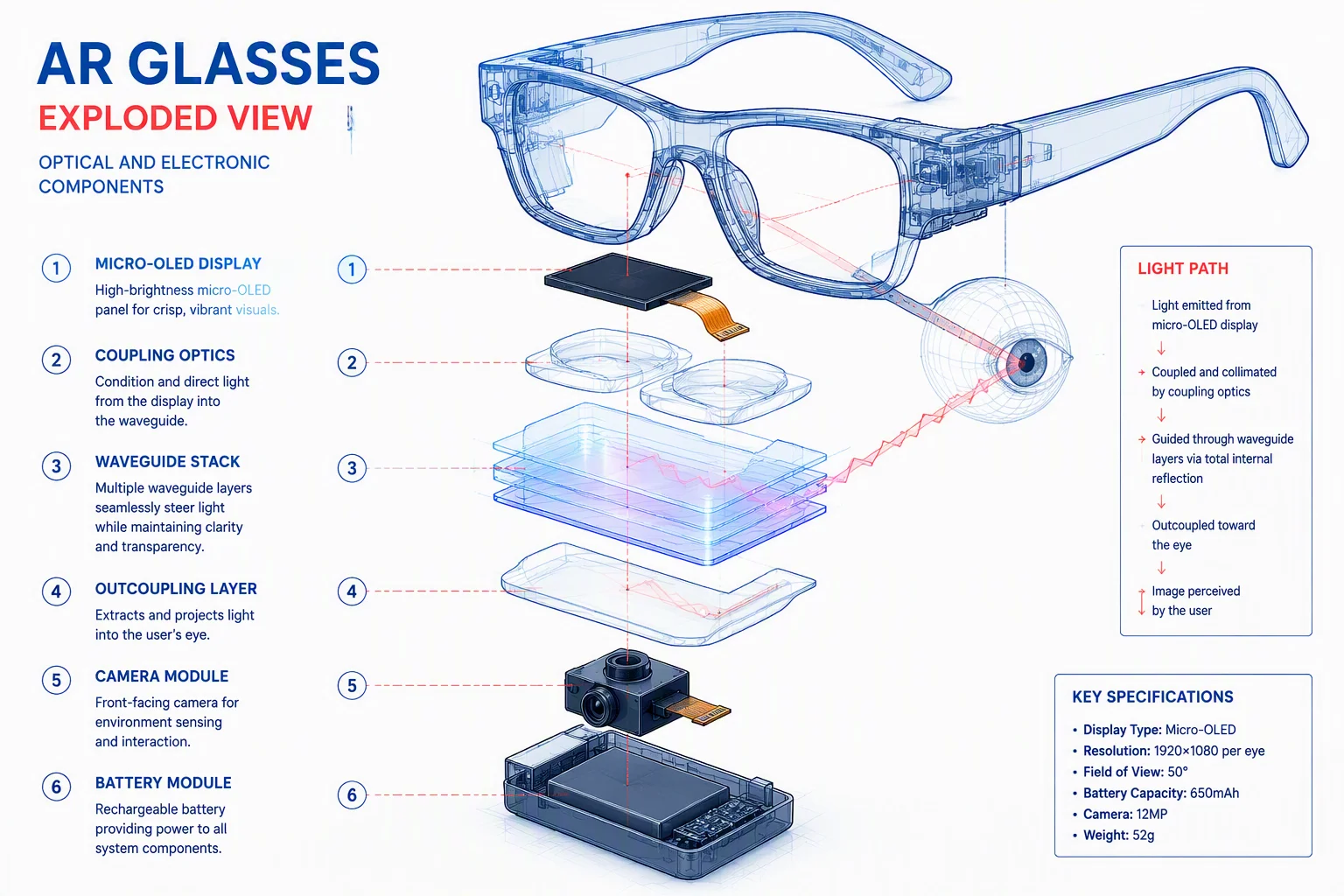 Exploded engineering render of AR display glasses showing the micro-OLED panel, waveguide layers, camera and battery with light-path arrows