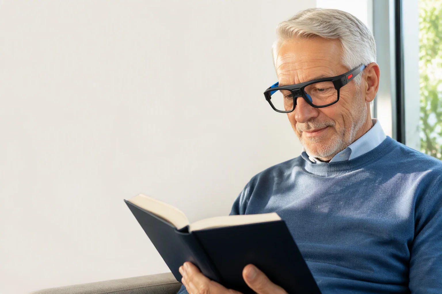 Elderly low-vision user wearing assistive smart glasses reading with voice guidance