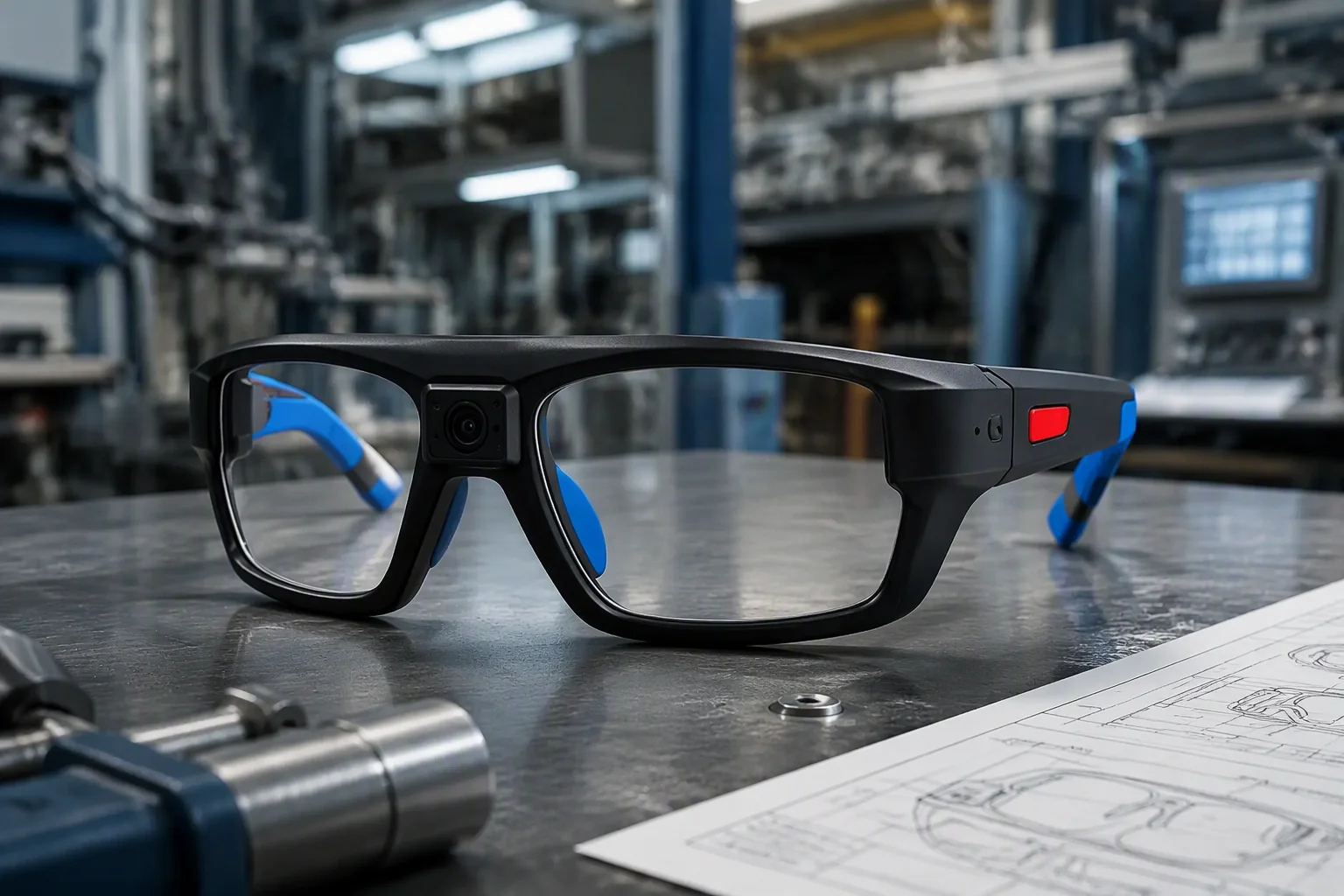 Industrial safety smart glasses with ANSI Z87.1 marking on a robust frame in a factory setting