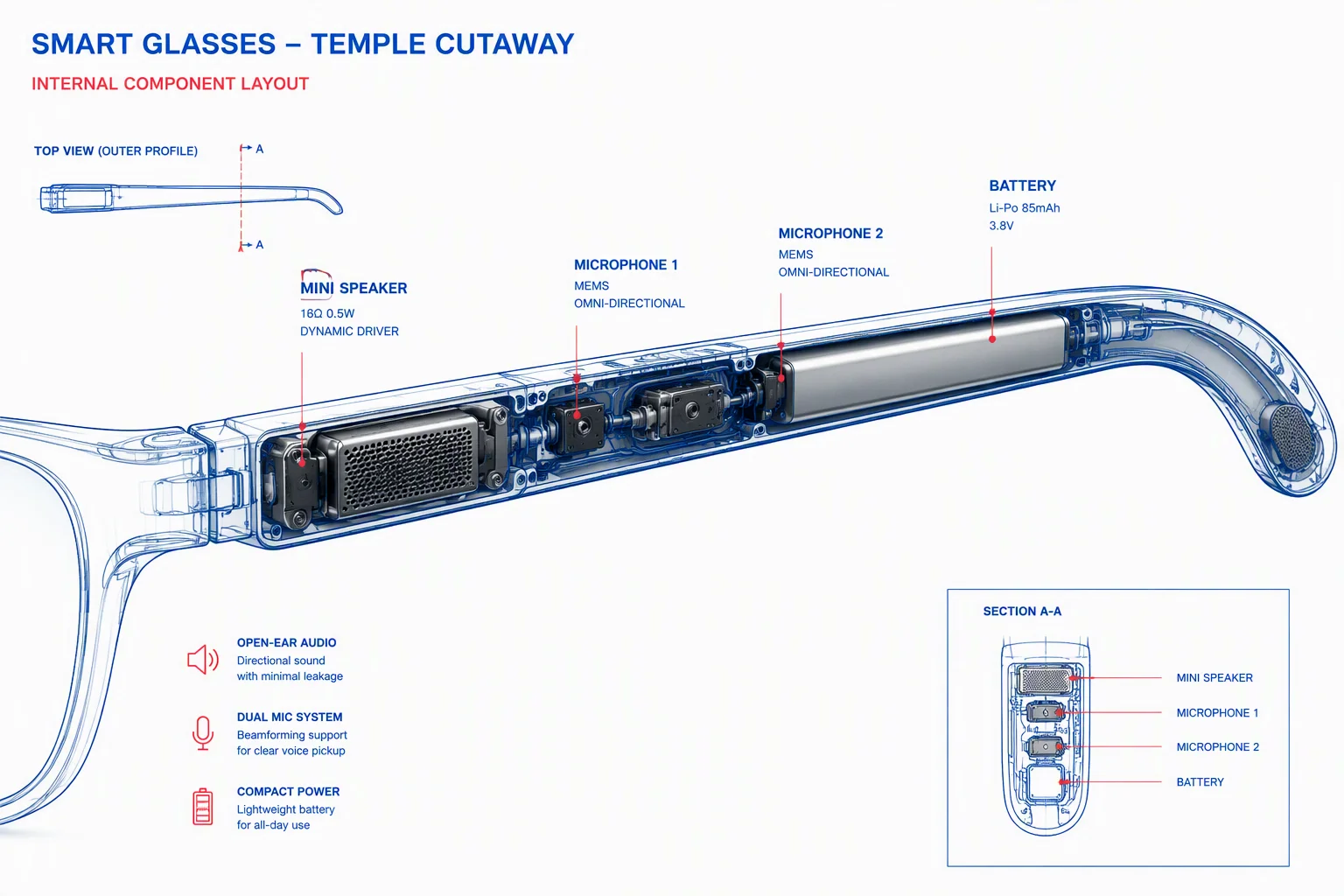 Cutaway diagram of a smart glasses temple showing speaker, microphones and battery
