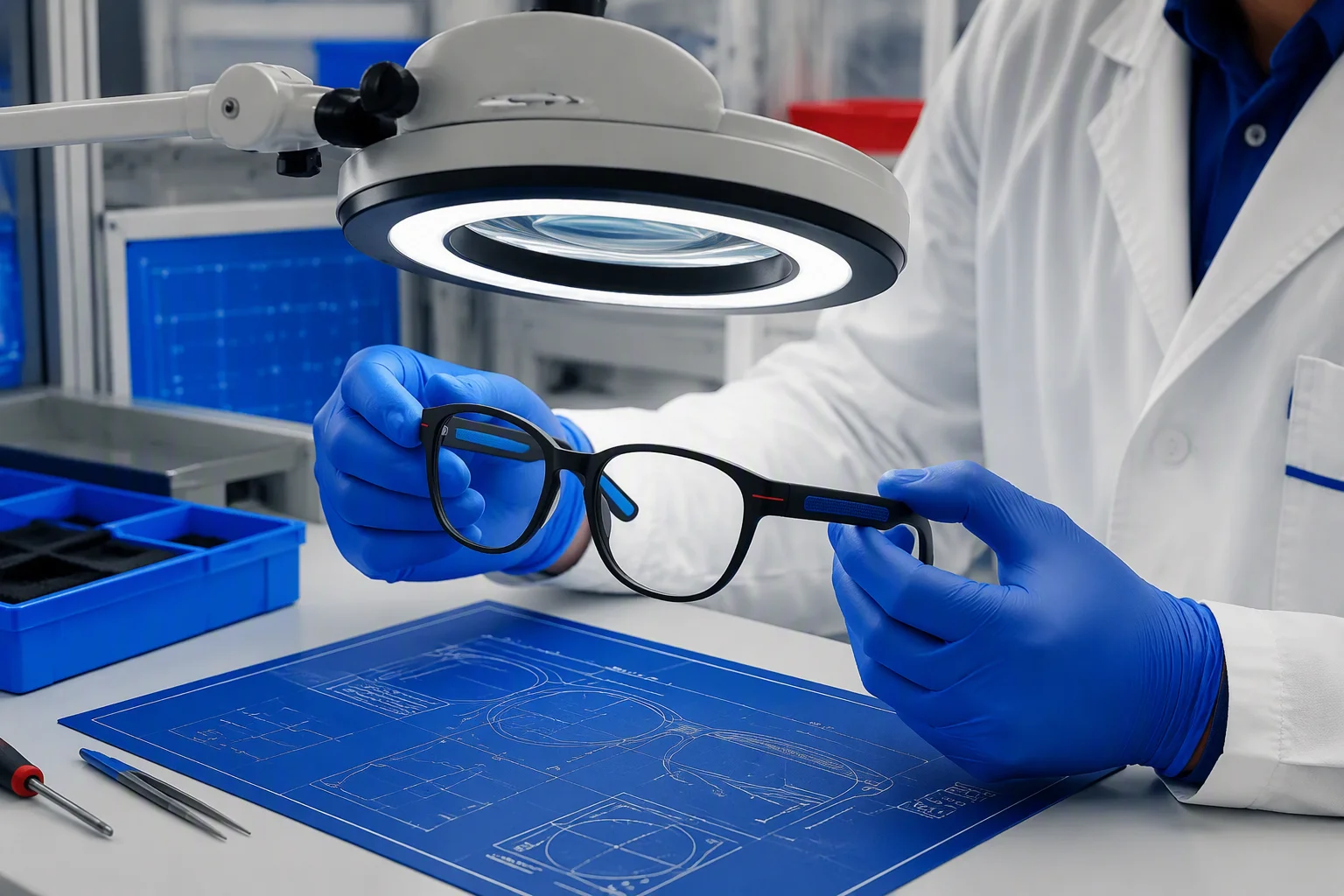 Checklist illustration with smart glasses factory icons