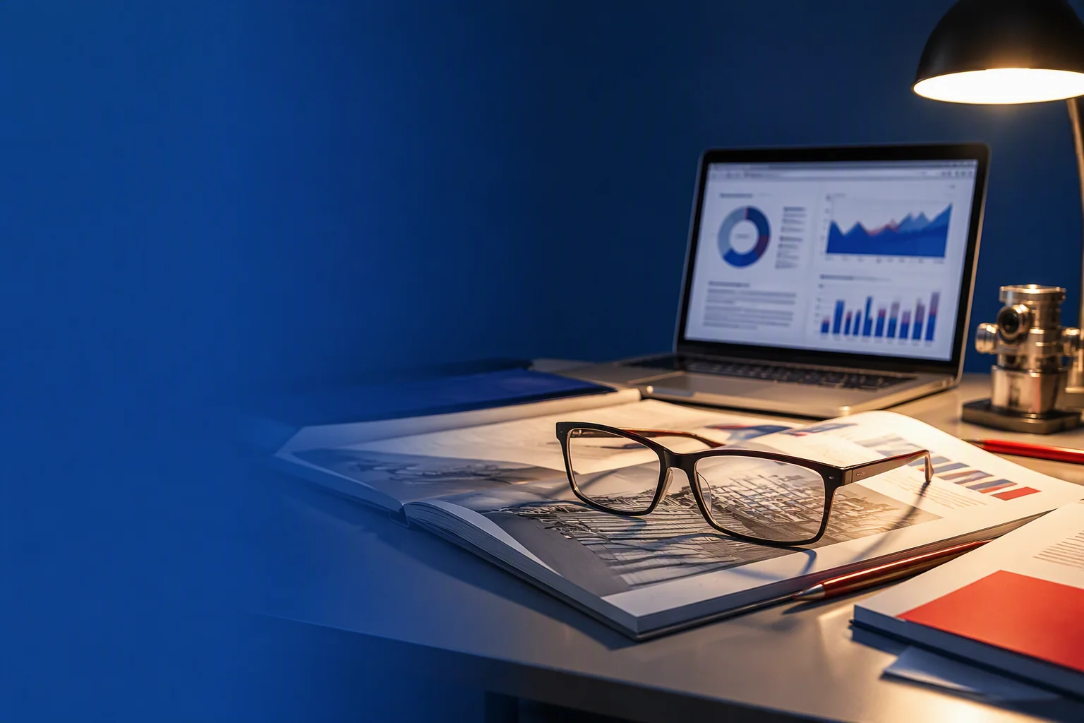 Editorial desk with smart glasses, industry magazines and market data