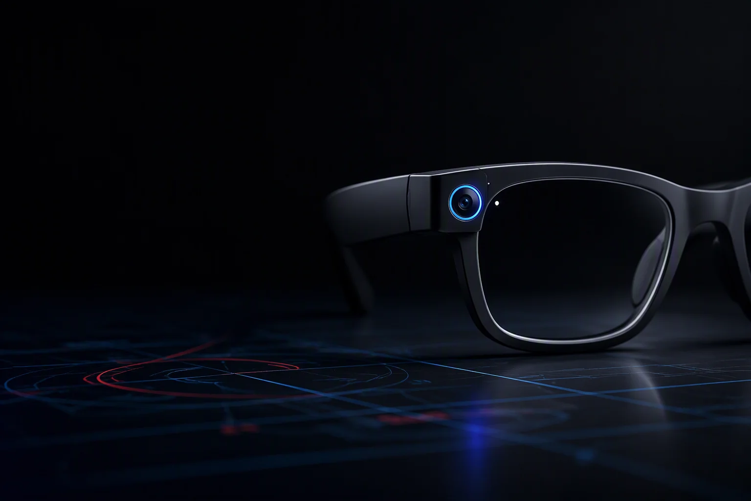 AI camera glasses with a 12MP camera module and privacy LED ring under dramatic studio lighting
