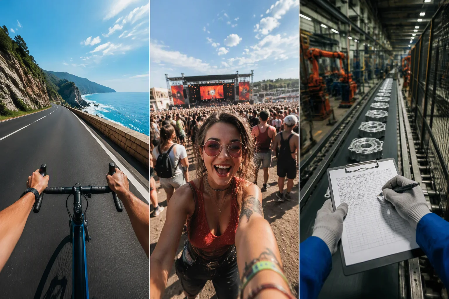 First-person viewfinder scenes captured through camera glasses during a coastal ride, a festival vlog and a factory inspection