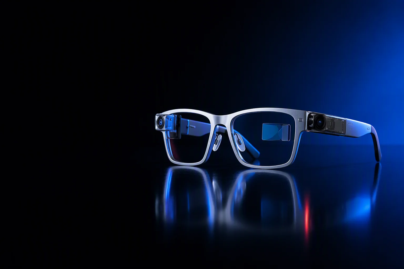 Six smart glasses product lines arranged on a reflective dark surface