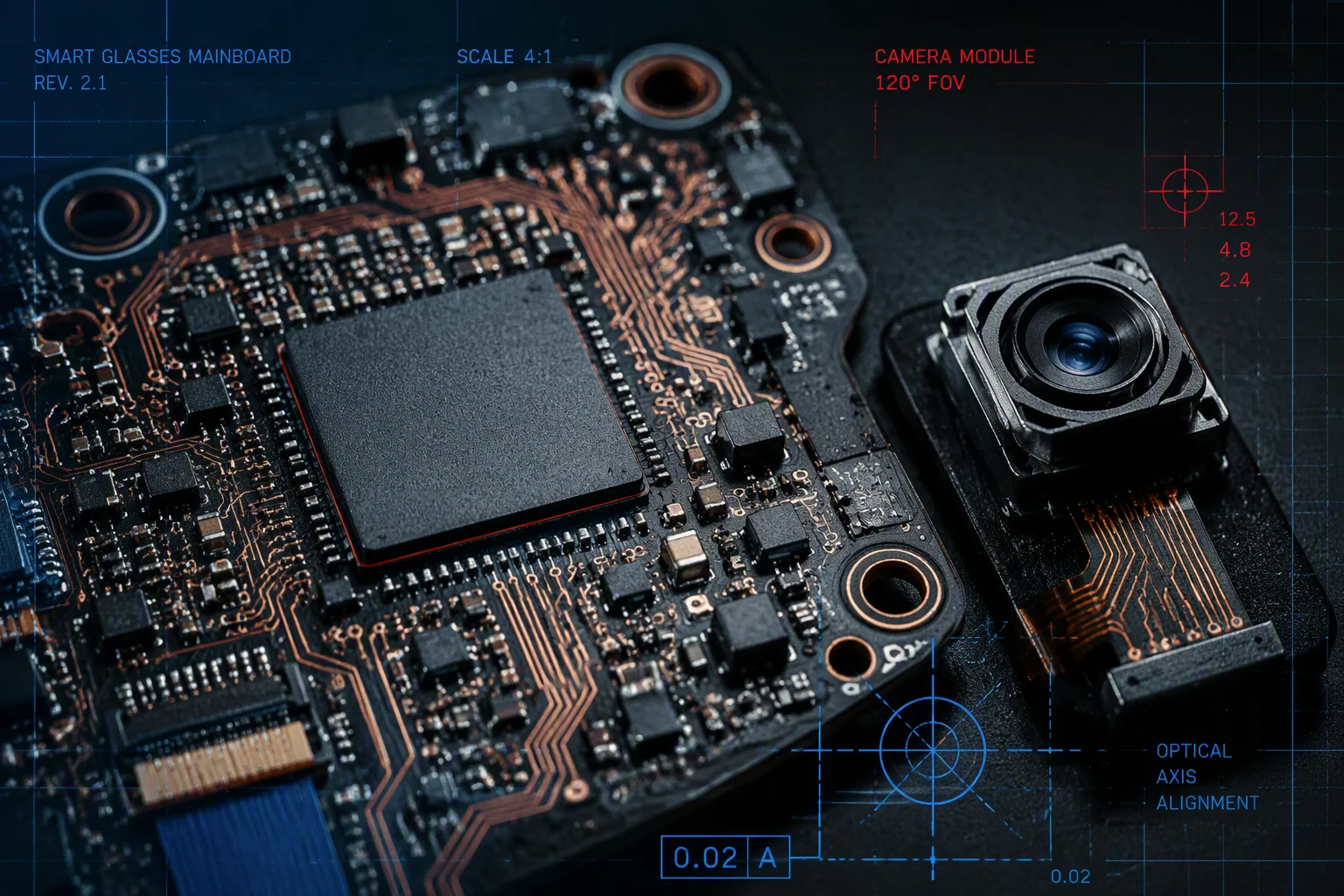 Smart glasses mainboard close-up showing chip platform and camera module