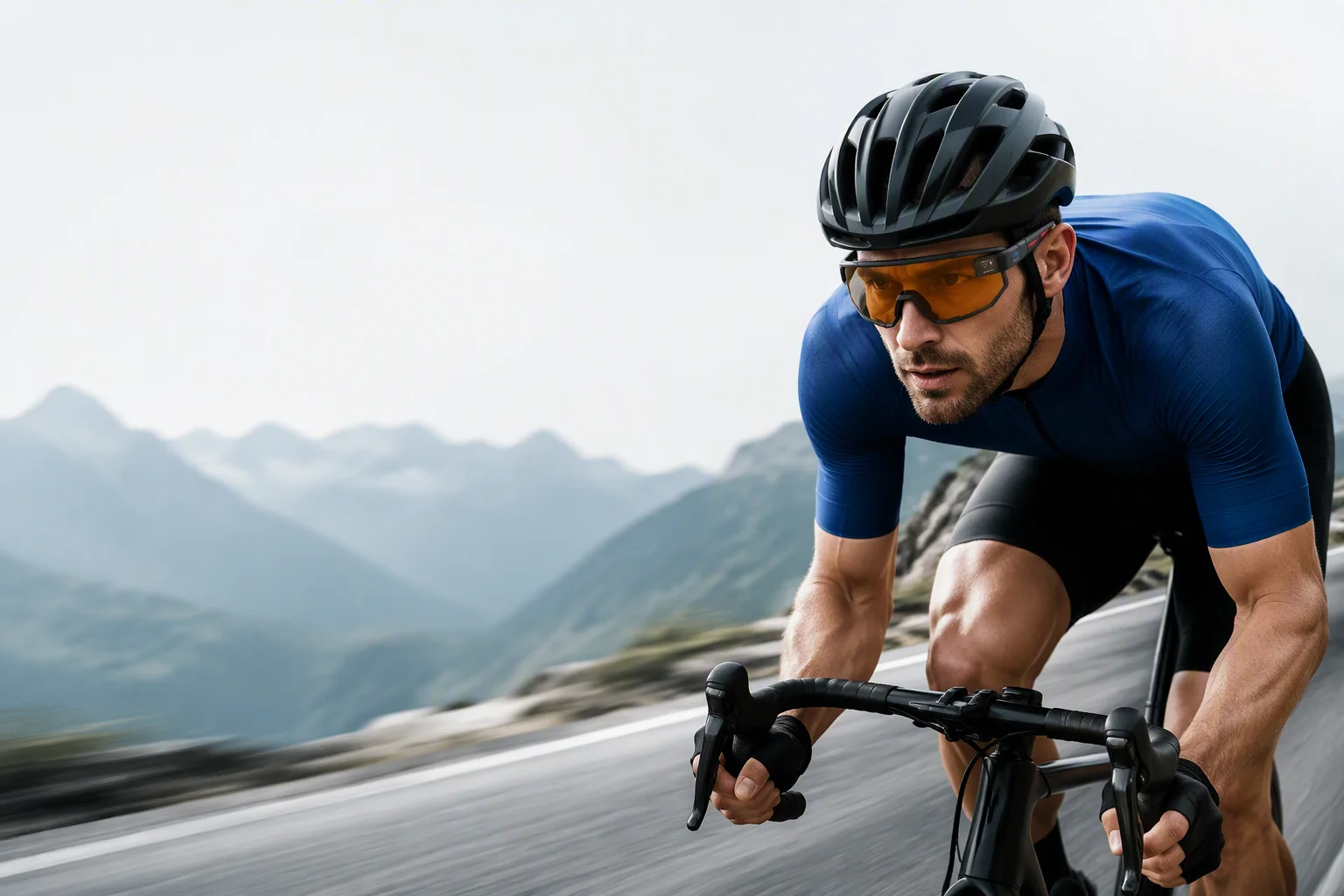 Professional cyclist wearing HUD smart glasses on a mountain road