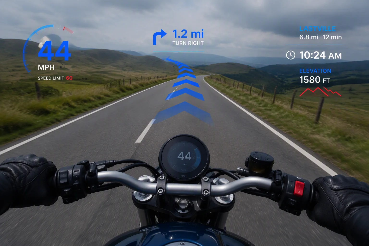 Augmented-reality demo of turn-by-turn HUD navigation over a real road