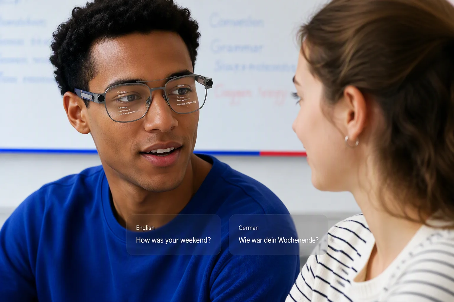 Language class duo practicing conversation with dual-view subtitle glasses
