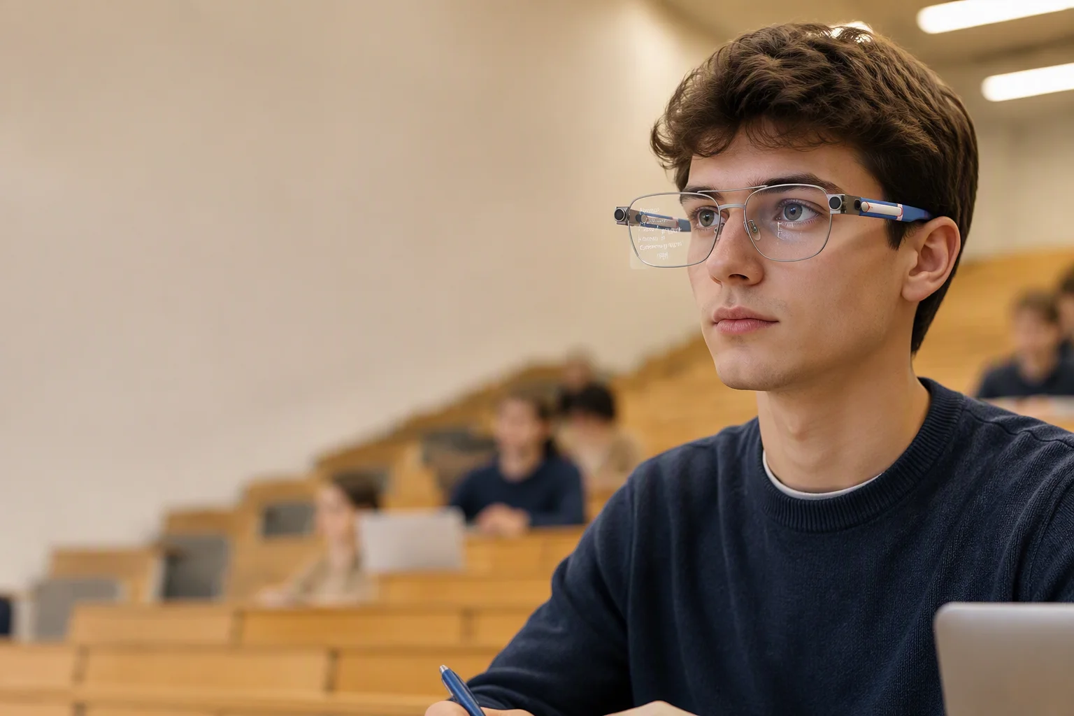 University lecture hall with a student wearing translation glasses showing live subtitles