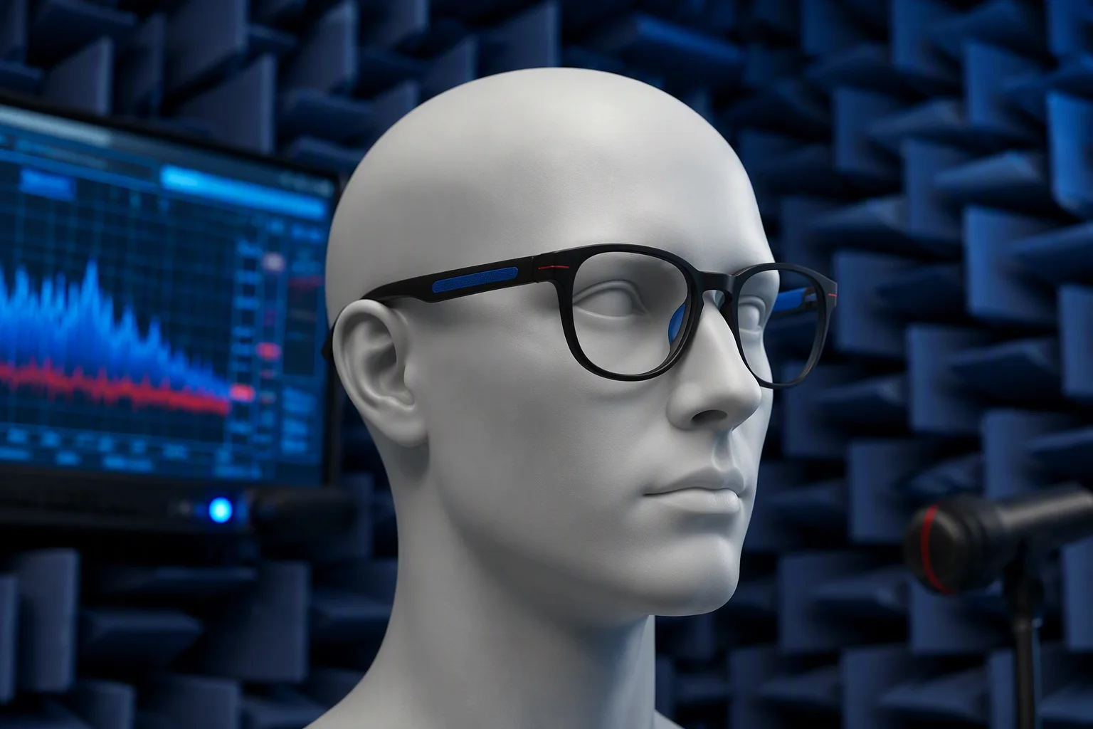 Acoustic test chamber with audio glasses on a mannequin head and a spectrum analyzer screen