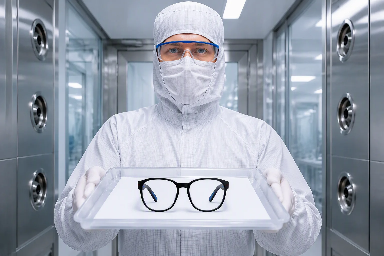 Class-10,000 clean-room corridor with a worker in full clean-room suit holding a finished glasses tray