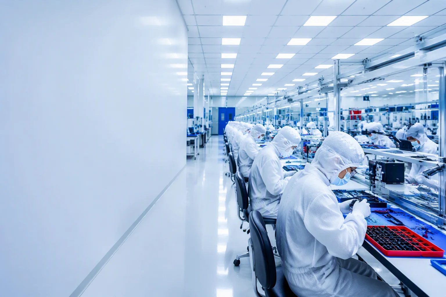 Workers in clean-room suits assembling smart glasses modules on a lit production line