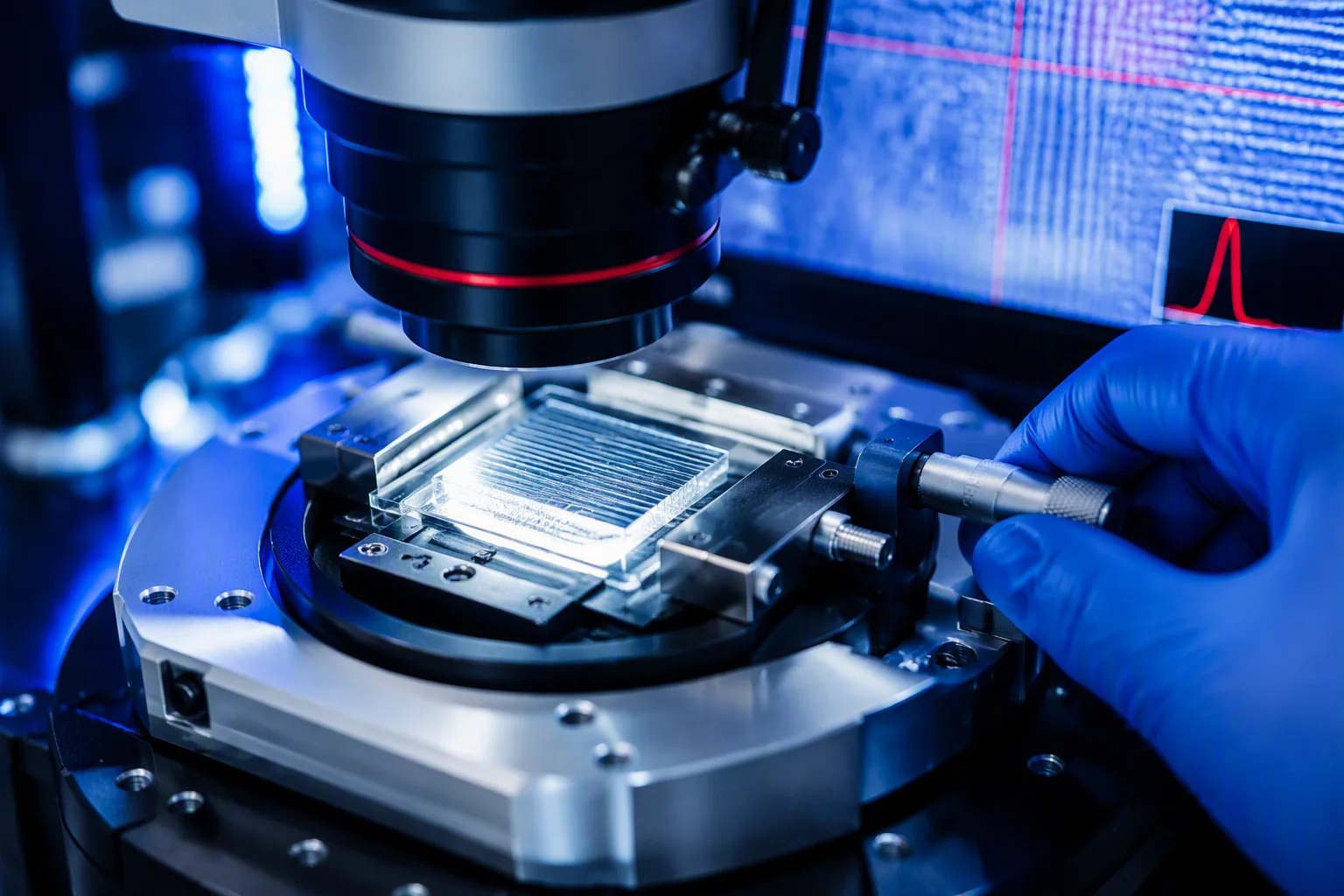 Engineer inspecting a waveguide lens stack under a microscope in the optics lab