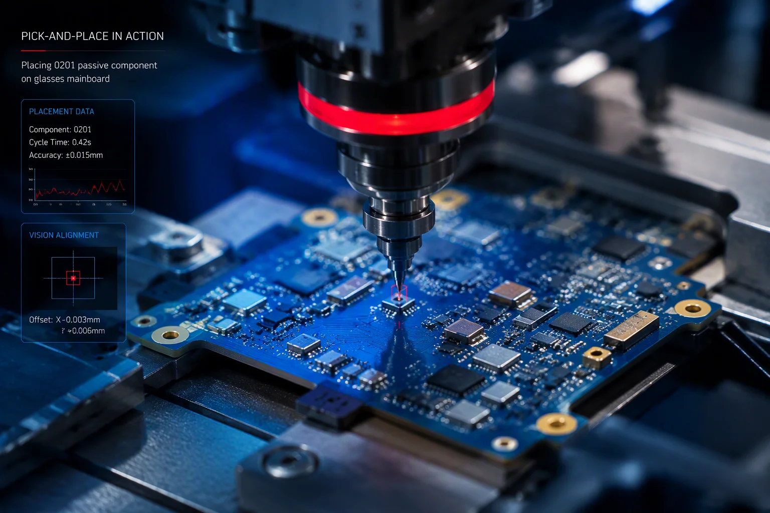 Close-up of an SMT pick-and-place machine placing components on a glasses mainboard