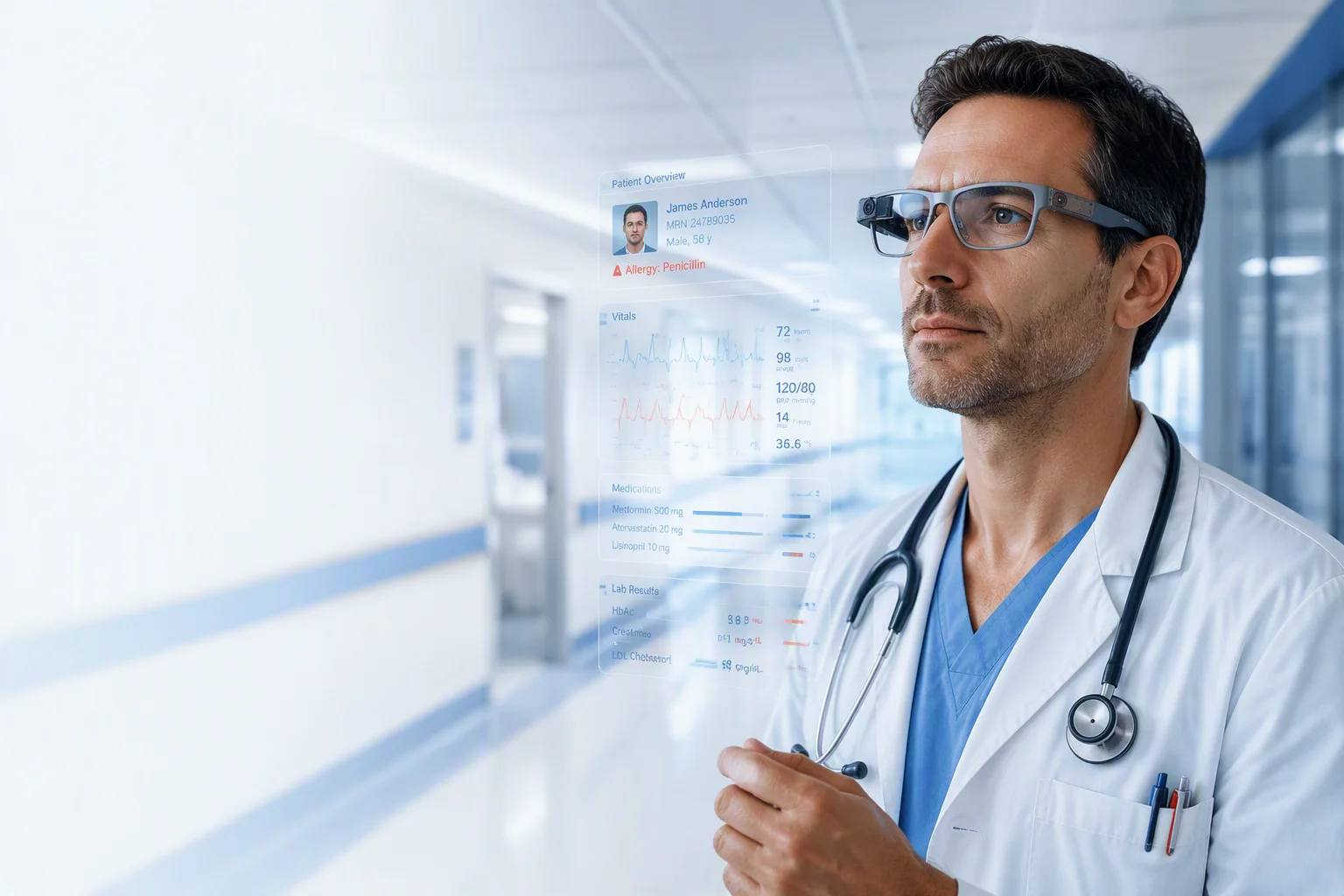 Doctor wearing smart glasses reviewing patient data hands-free during a ward round
