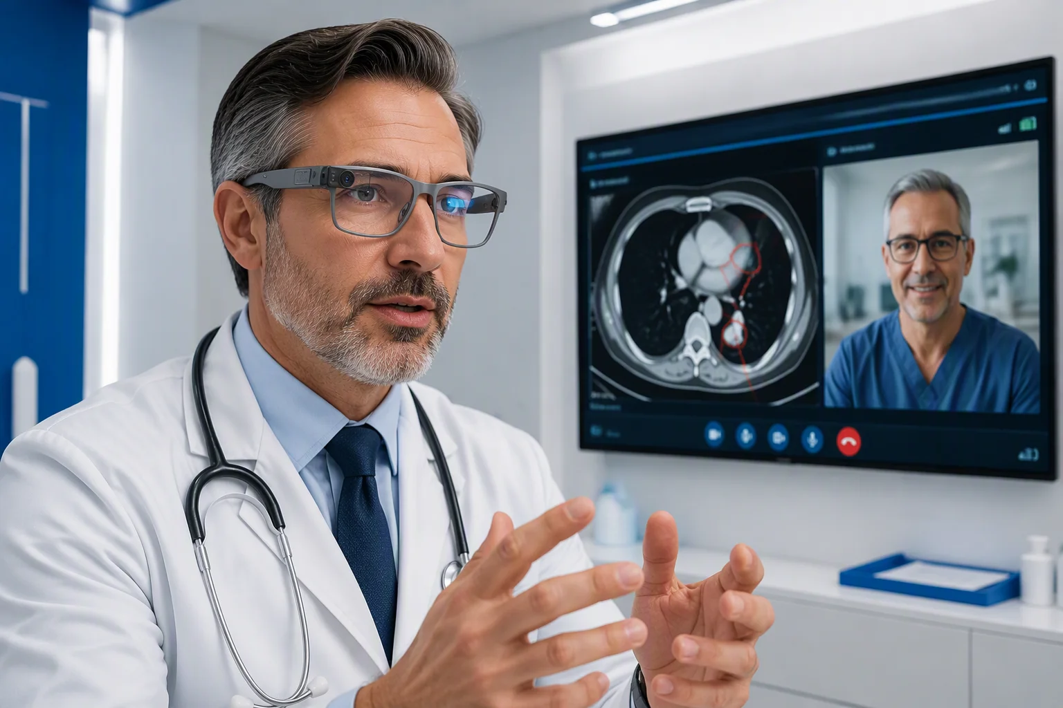Clinician receiving remote specialist guidance with AR annotations in the operating room