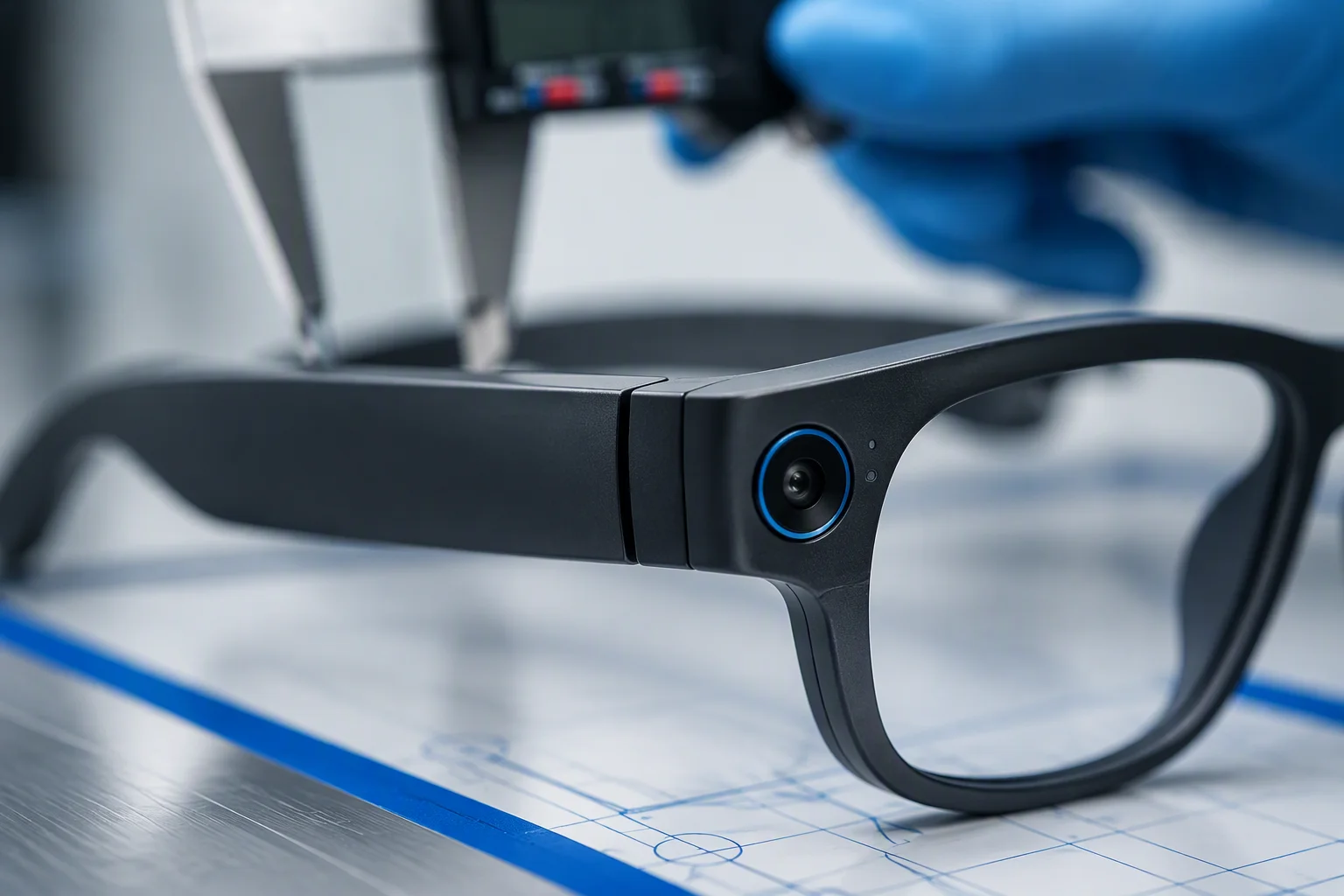 Macro close-up of camera glasses under factory quality inspection