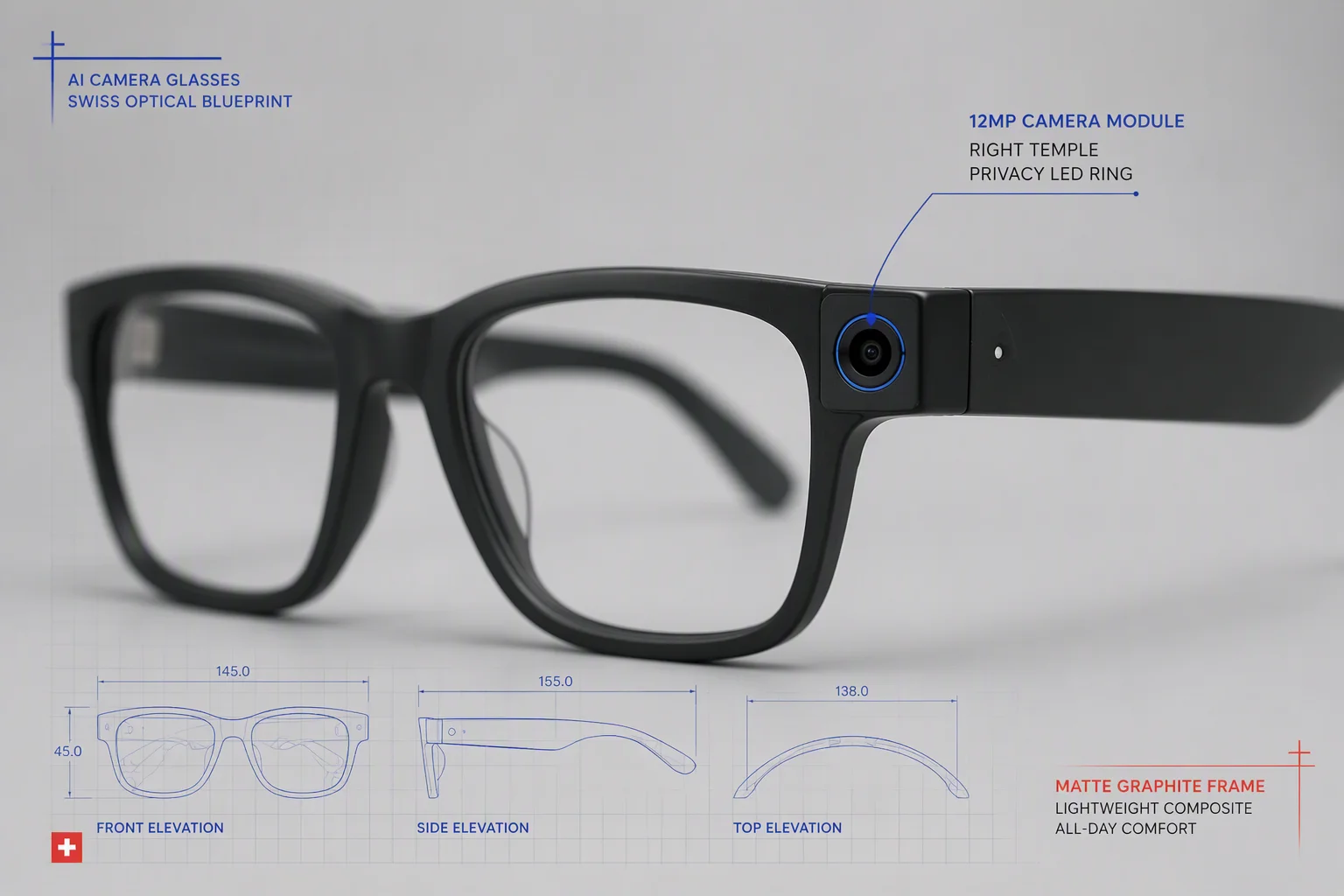 AI camera glasses with 12MP module and privacy LED