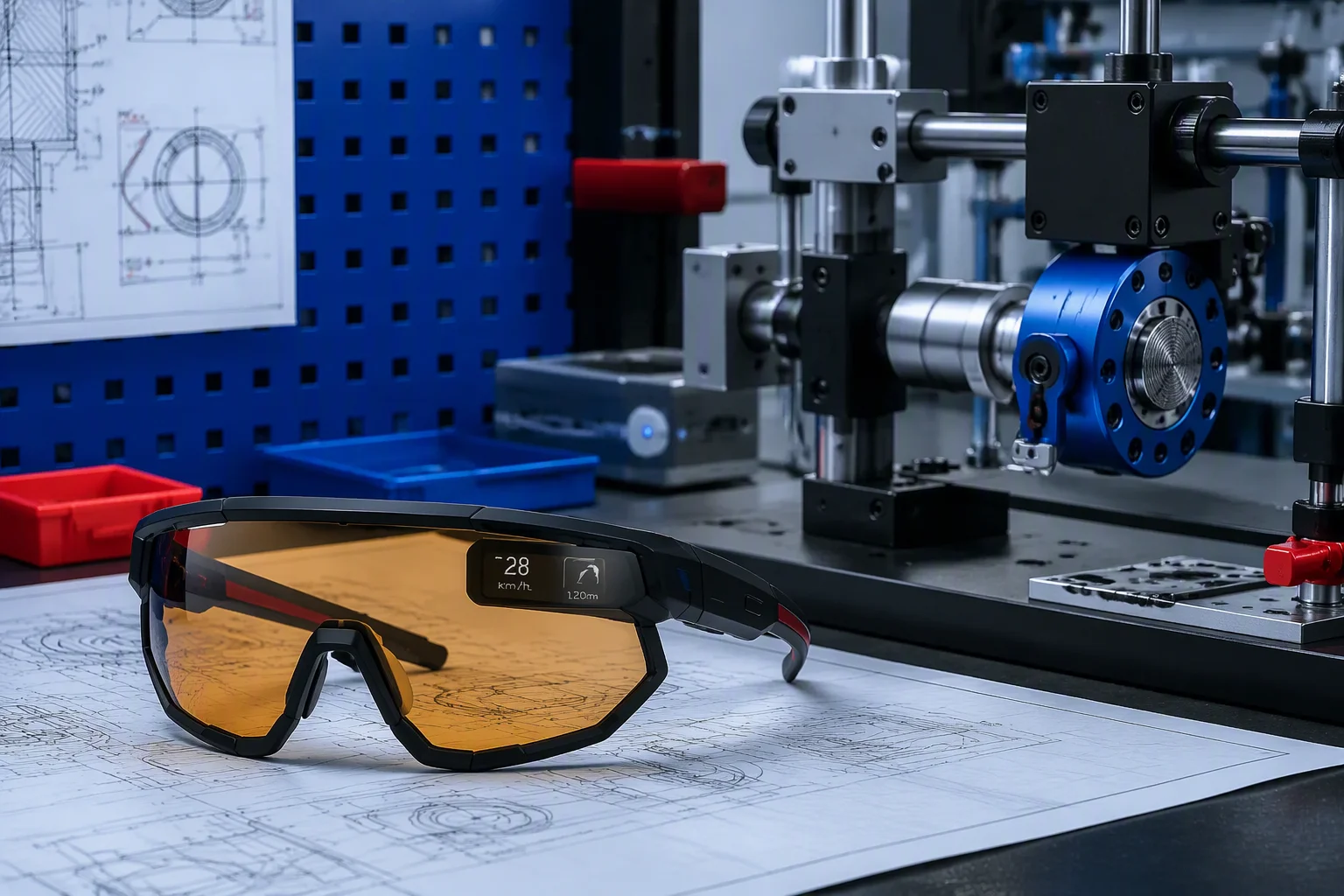 Cycling smart glasses prototype on an engineer workbench
