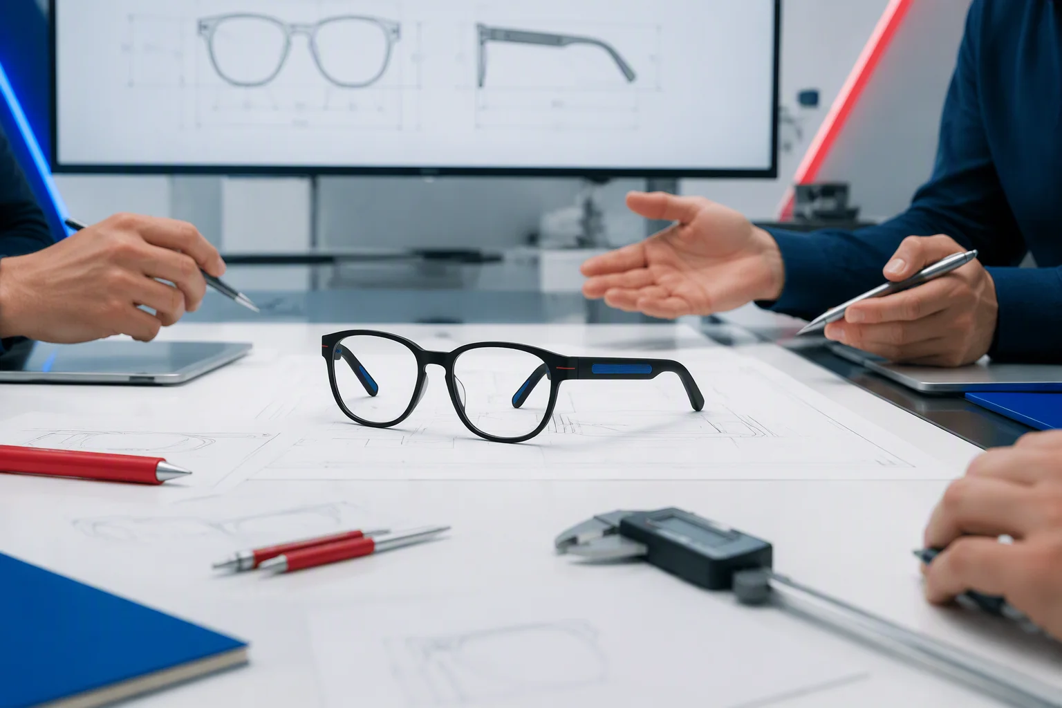 Engineering team reviewing a glasses prototype