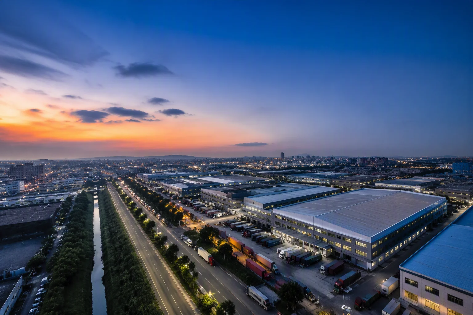 Aerial view of Dongguan electronics industrial district at dusk