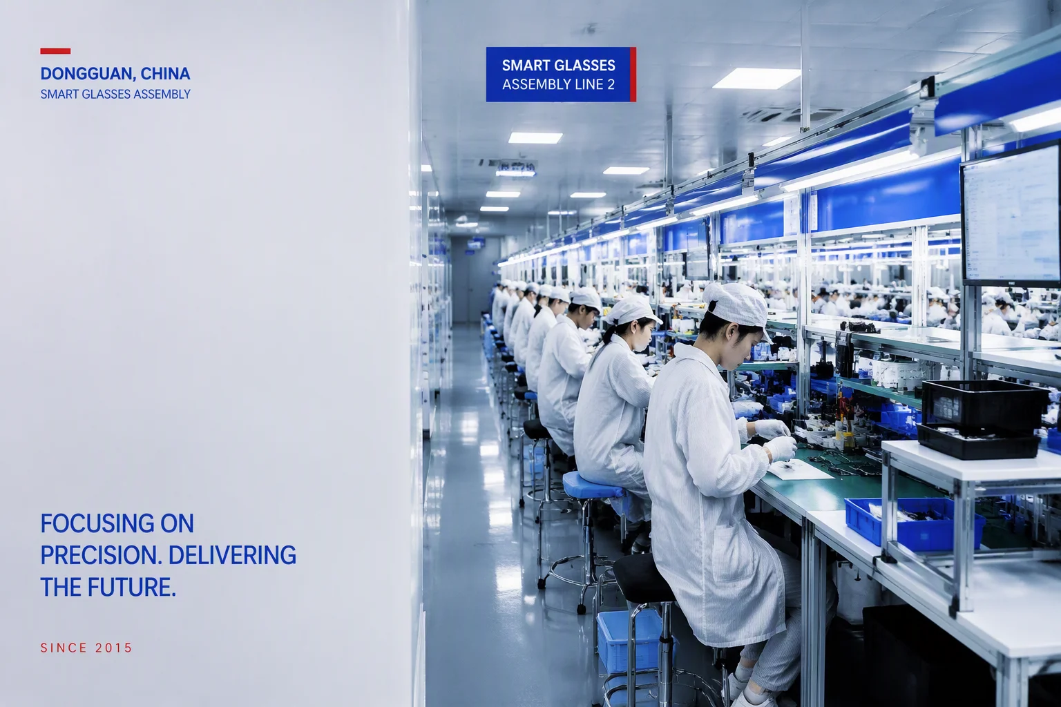 Clean-room smart glasses assembly line in Dongguan, China