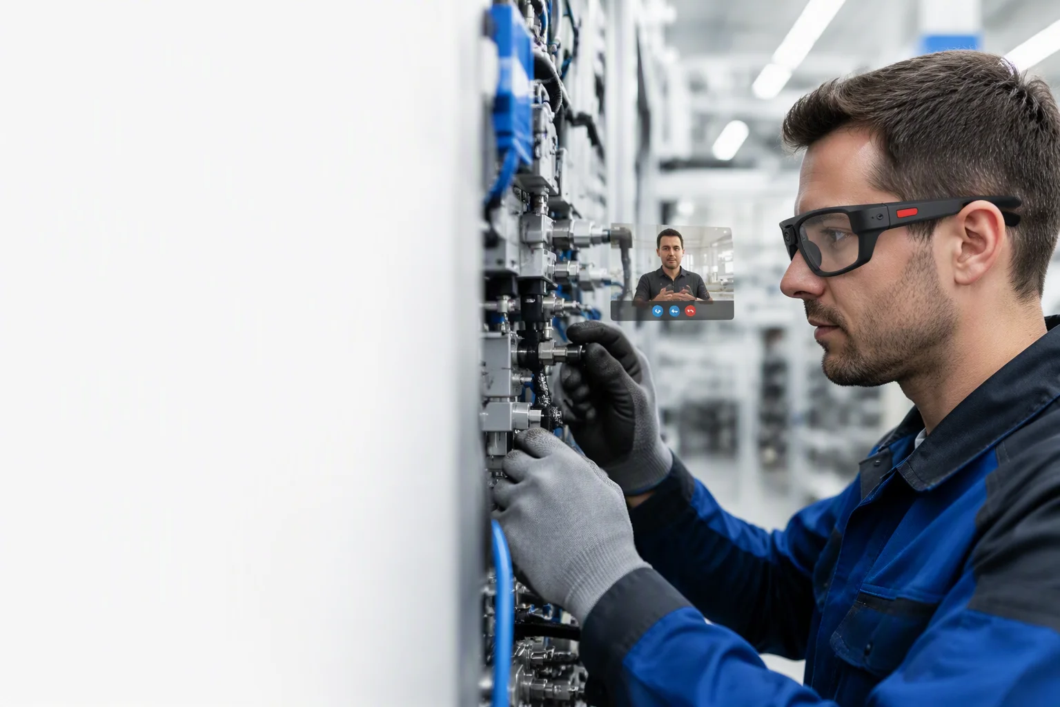 Field technician wearing rugged smart glasses at a machine with expert video overlay