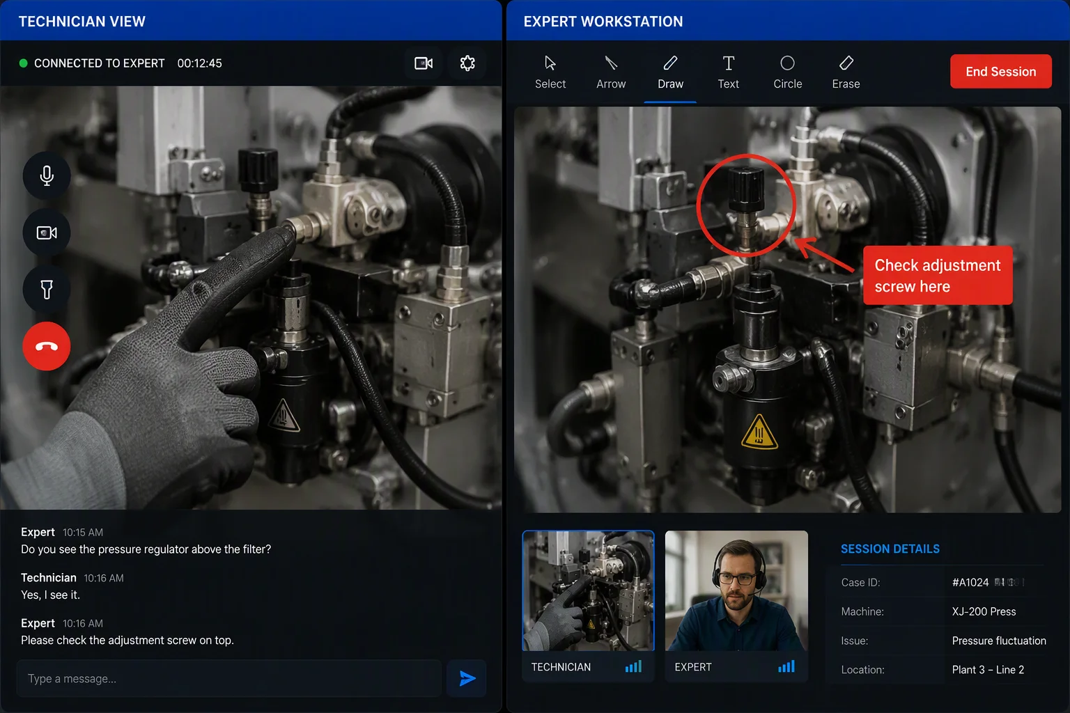Split-screen remote assistance showing technician POV and expert workstation with annotations
