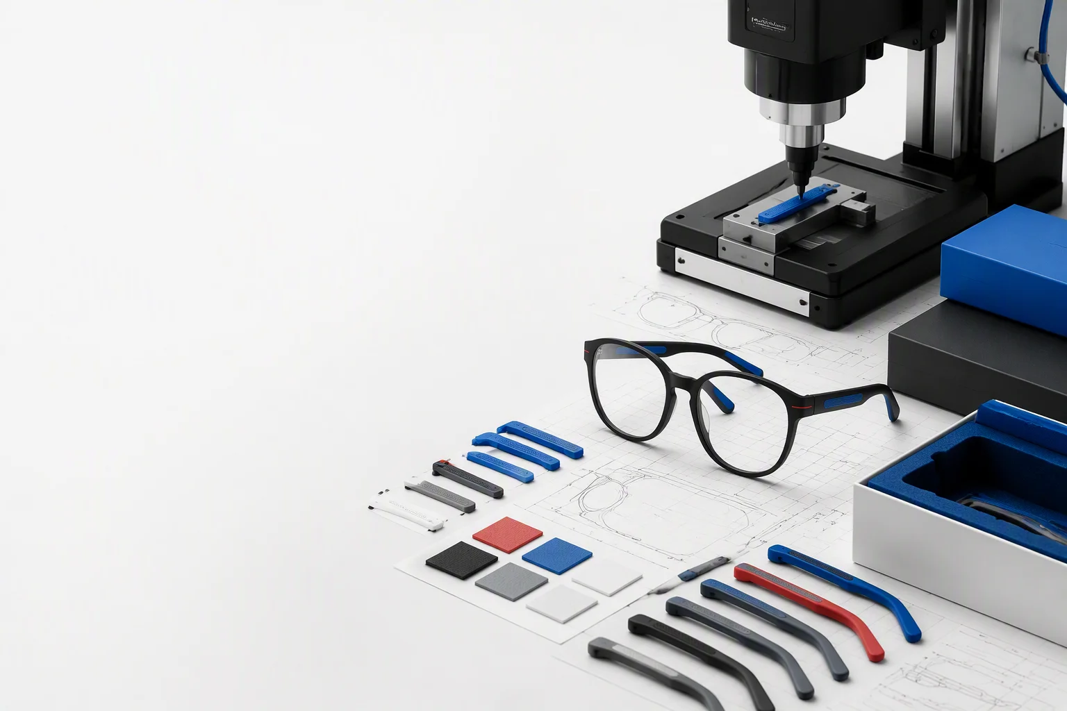 Customization workshop with smart glasses frames in multiple colors and a logo engraving station