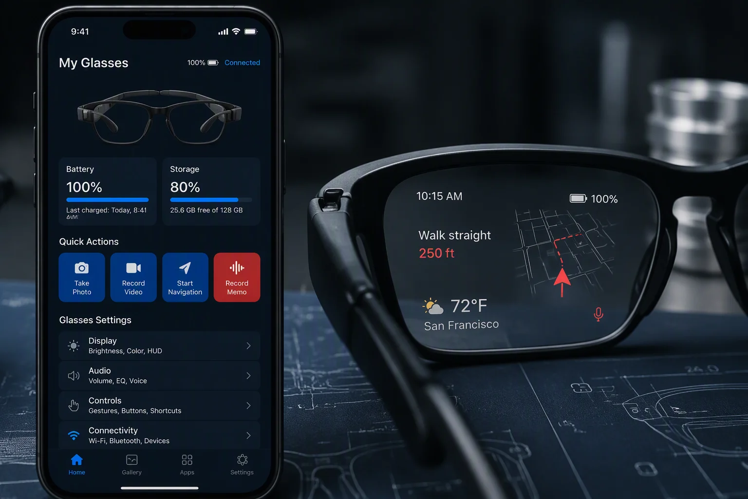 Smart glasses companion app interface and viewfinder UI showing a brand-customized design