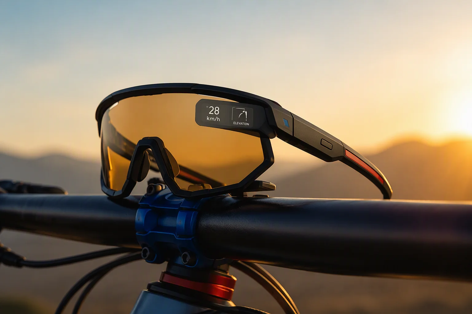 Cycling smart glasses with HUD prototype mounted on a handlebar test rig outdoors