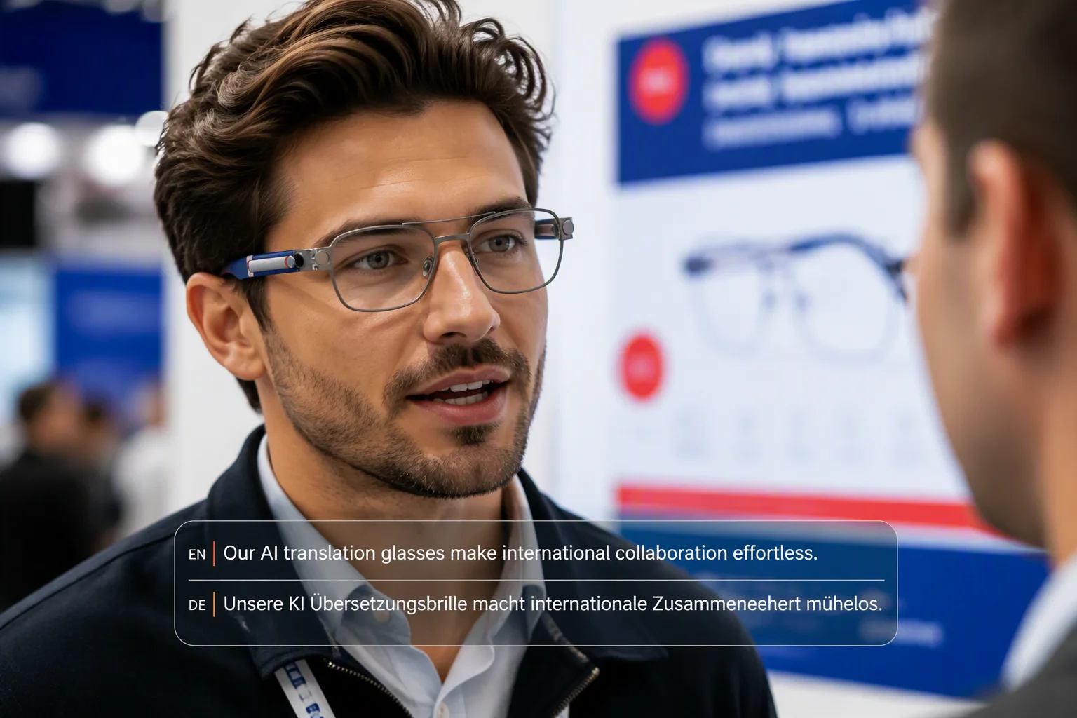 Translation glasses showing dual subtitles while a user speaks at an international trade fair