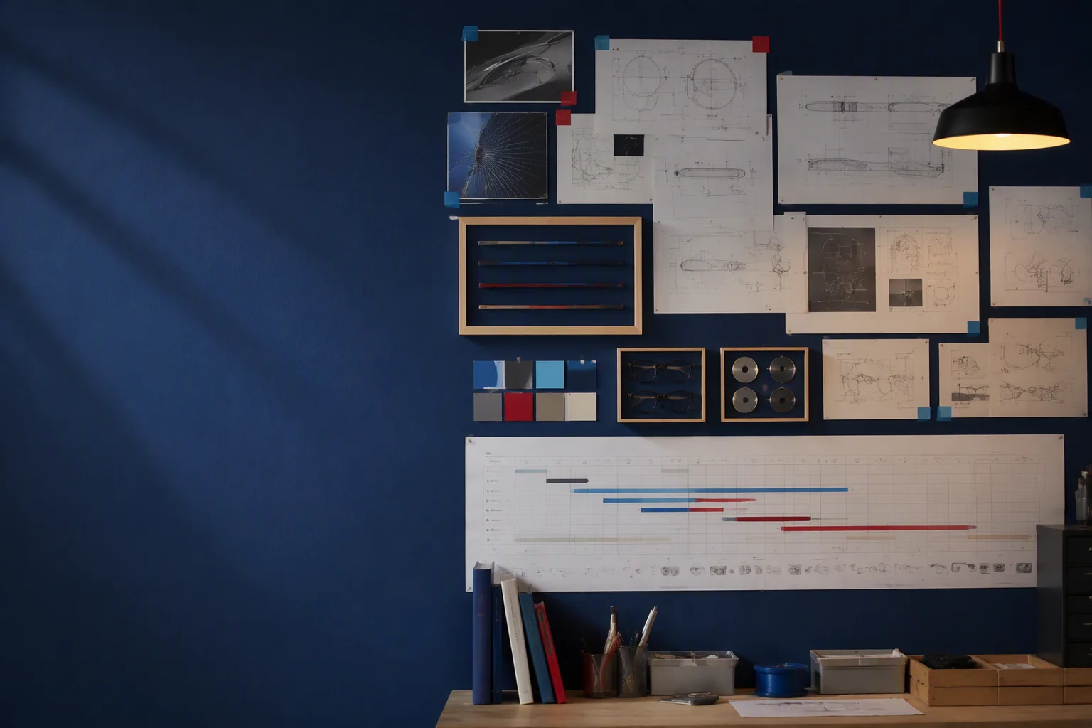 Project timeline wall in a design studio with product photos and spec sheets pinned
