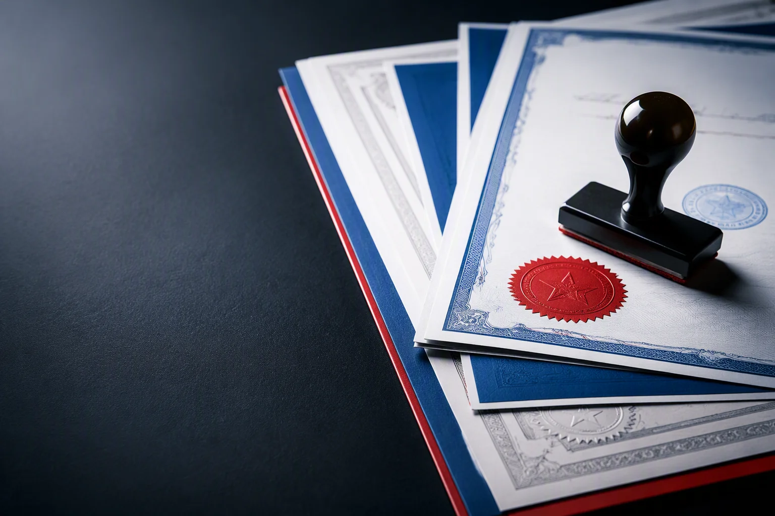 Certification documents and badge stamps arranged on a dark desk with smart glasses