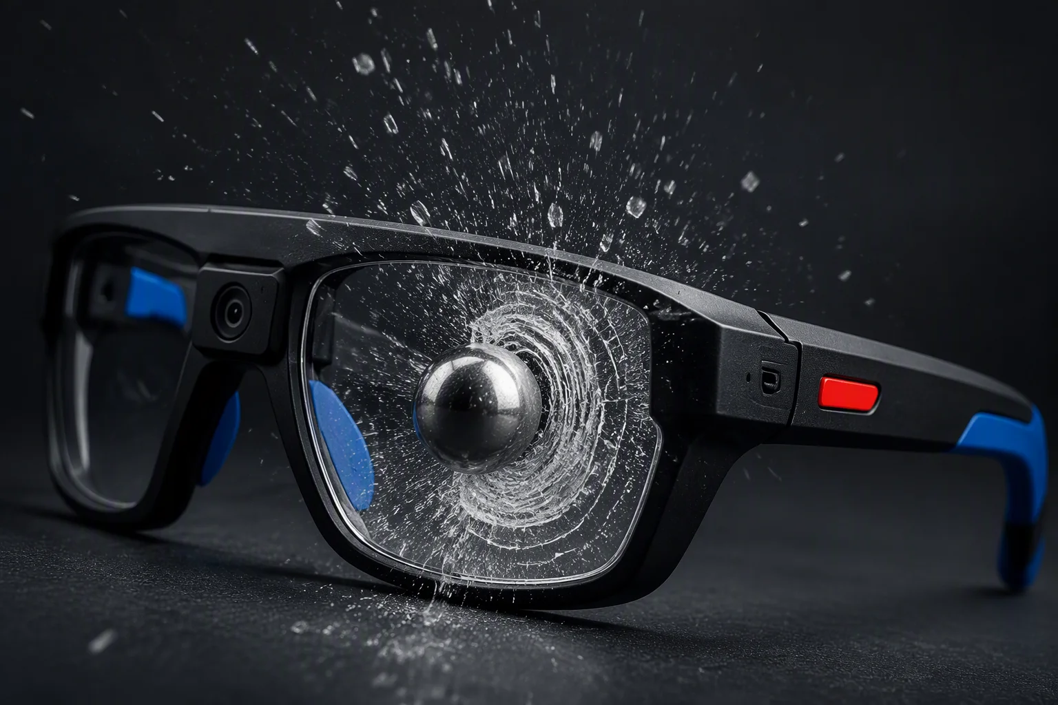 High-speed impact test freeze-frame of a steel ball striking a safety glasses lens