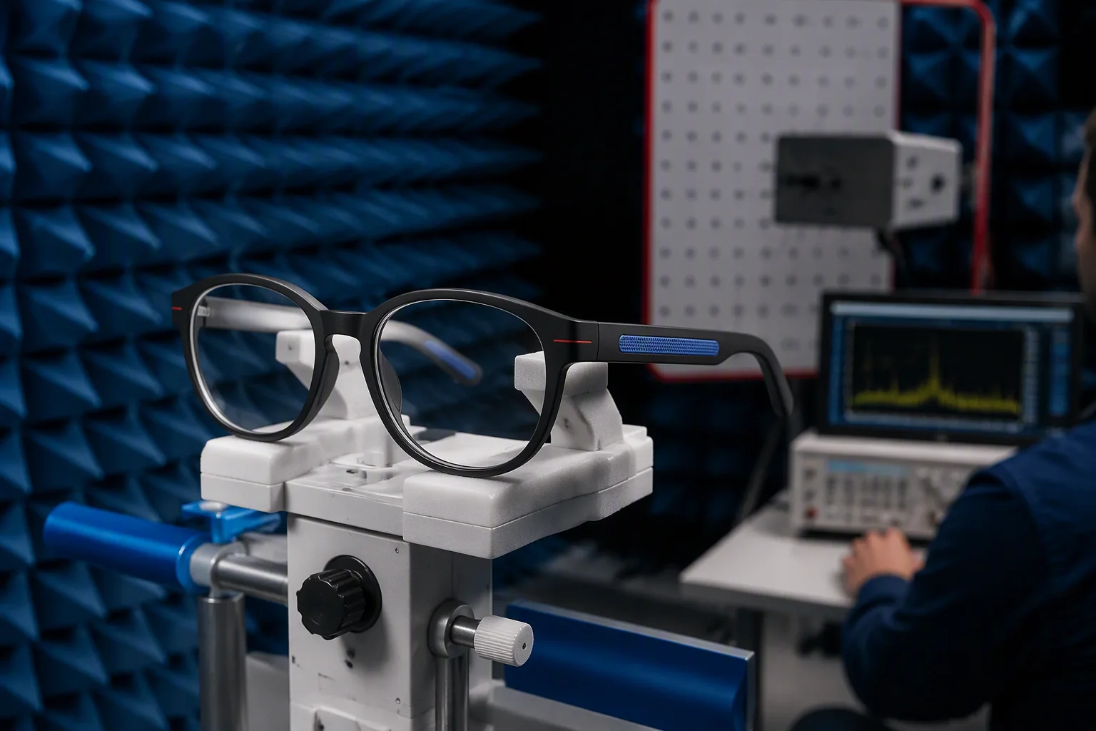 EMC and RF test lab with an antenna chamber and smart glasses on a test fixture