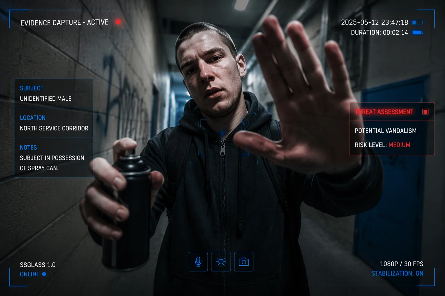 POV evidence-capture mockup through smart glasses during patrol with a timestamped video overlay