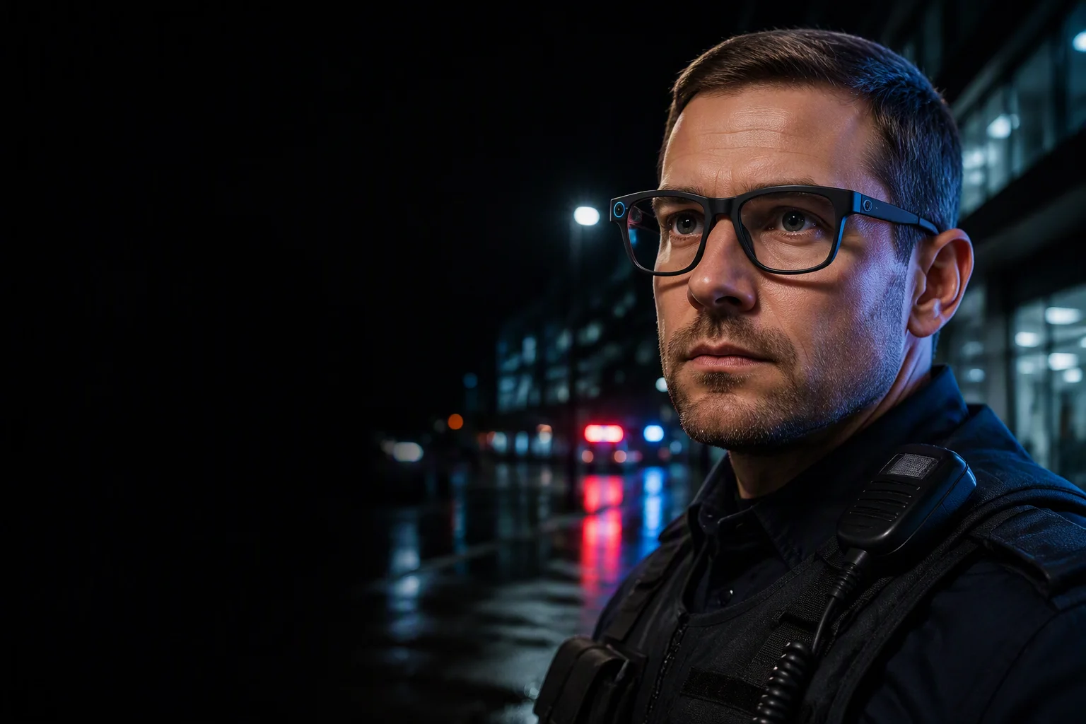 Security officer wearing camera smart glasses with a subtle privacy LED at night