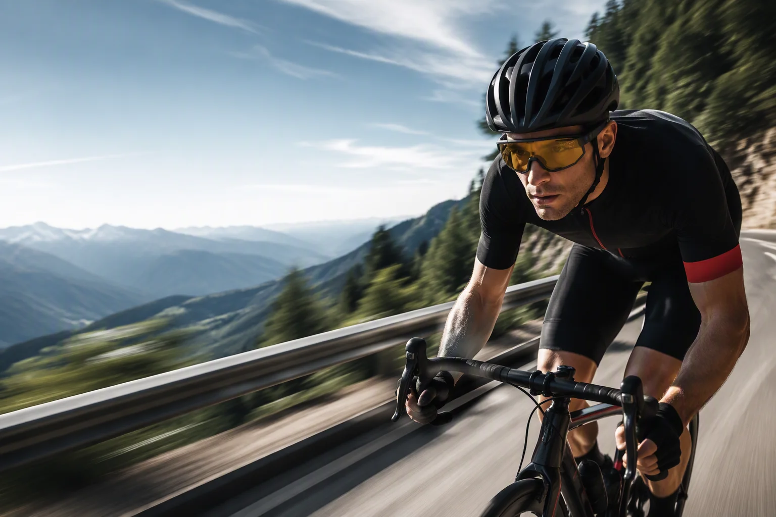 Cyclist wearing HUD cycling smart glasses on a mountain descent with speed data overlay