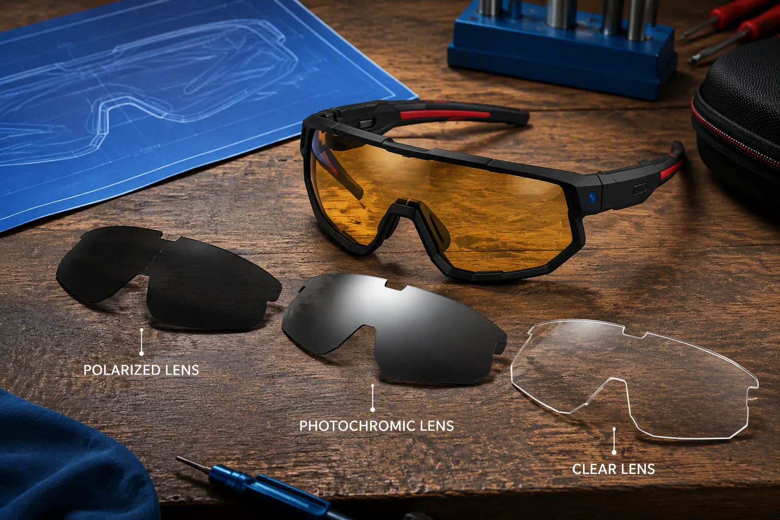 Three interchangeable magnetic lenses — polarized, photochromic and clear — beside a sports glasses frame