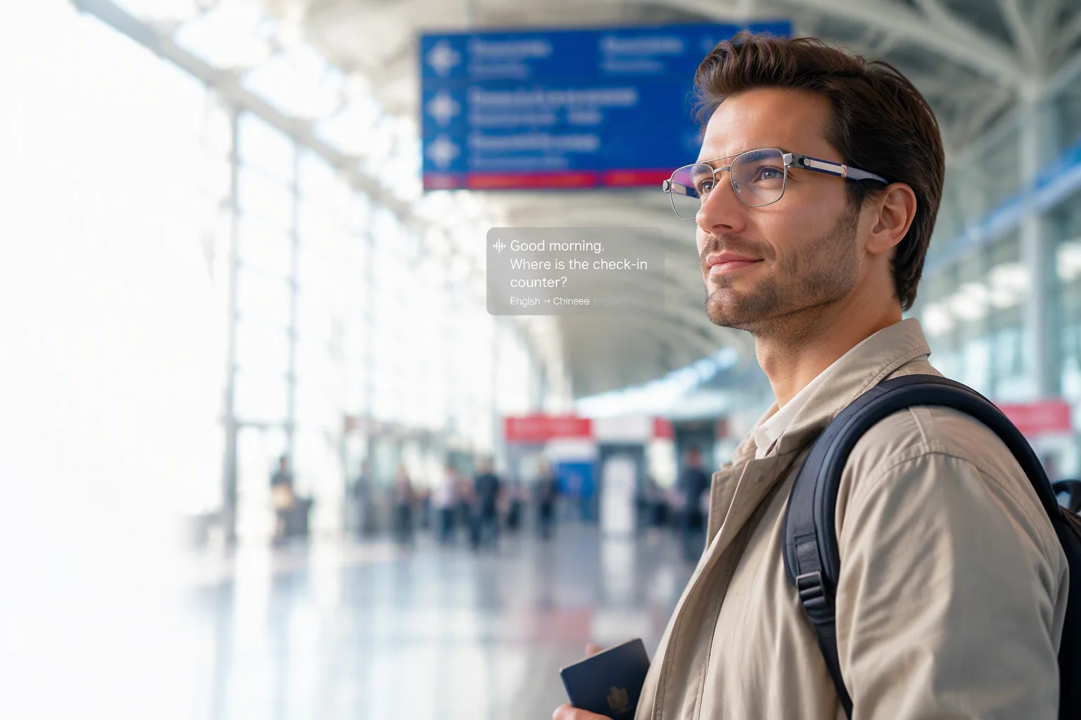 Traveler wearing translation glasses at a multilingual airport terminal with a subtitle overlay