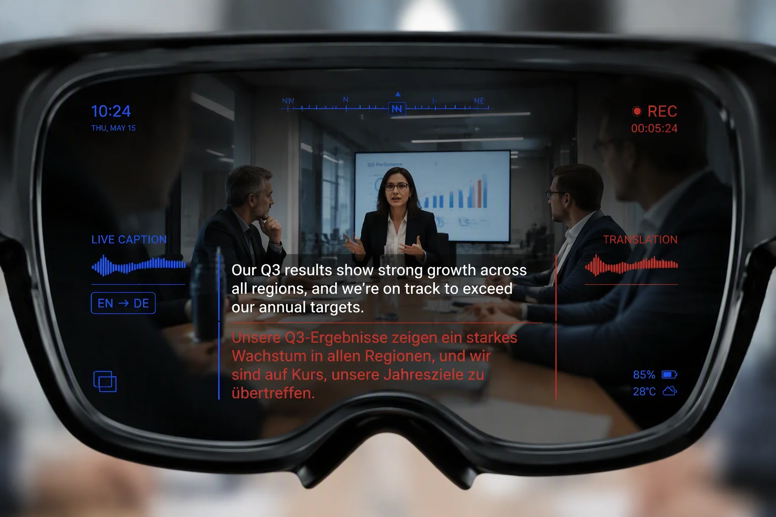 Viewfinder mockup showing live dual-language subtitles during a business conversation