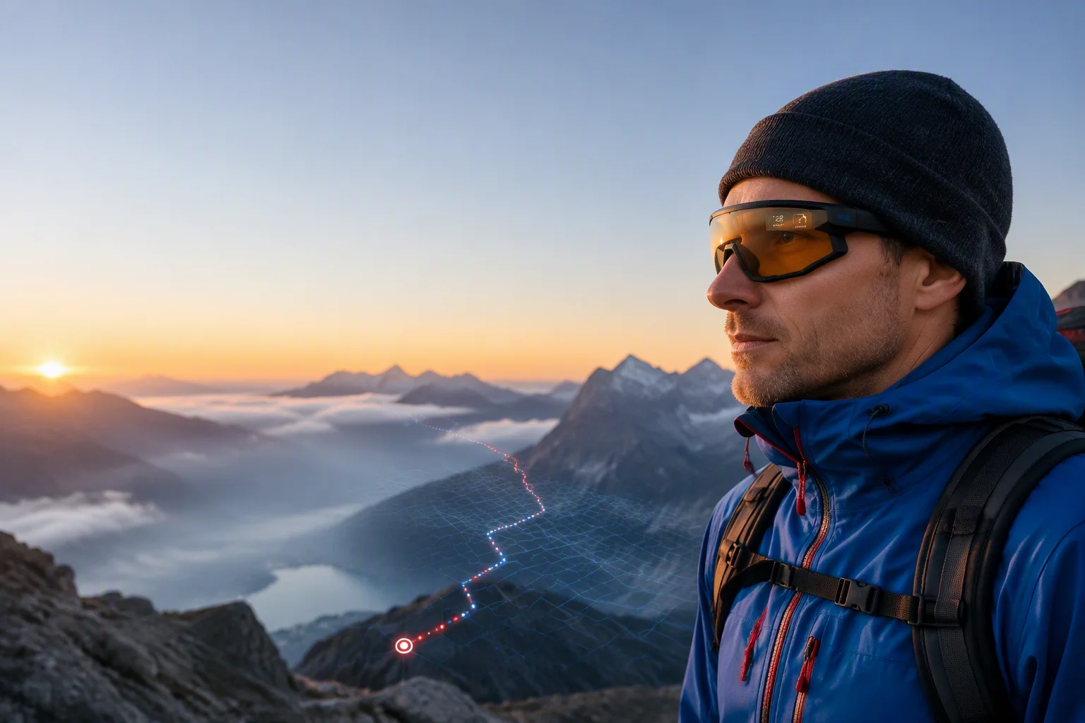 Hiker wearing smart glasses at an alpine viewpoint with a route overlay